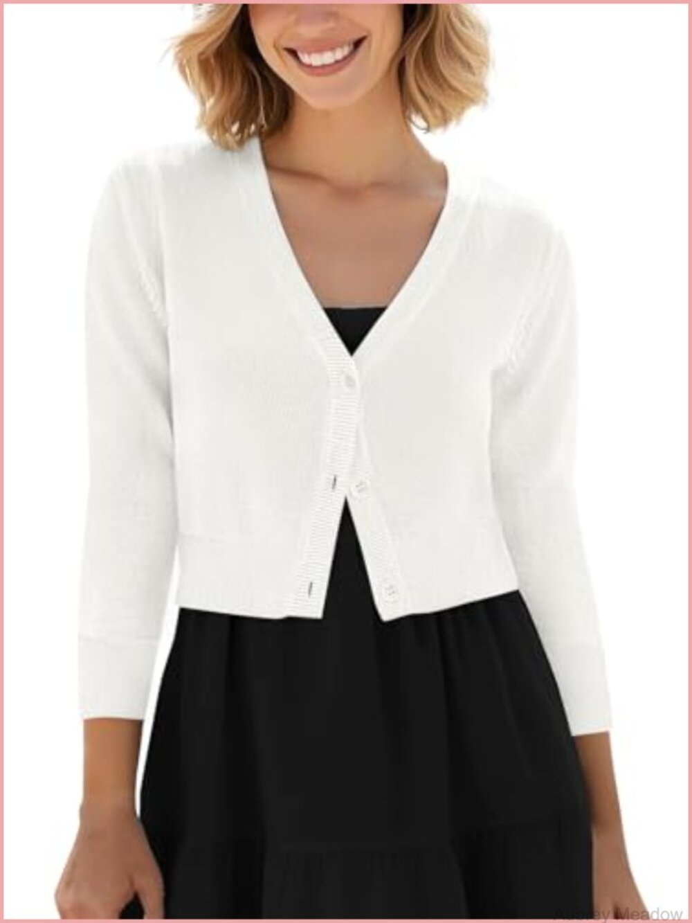 Cropped V-Neck Cardigan Knitted Sweater 3/4 Sleeve Viscose Blend